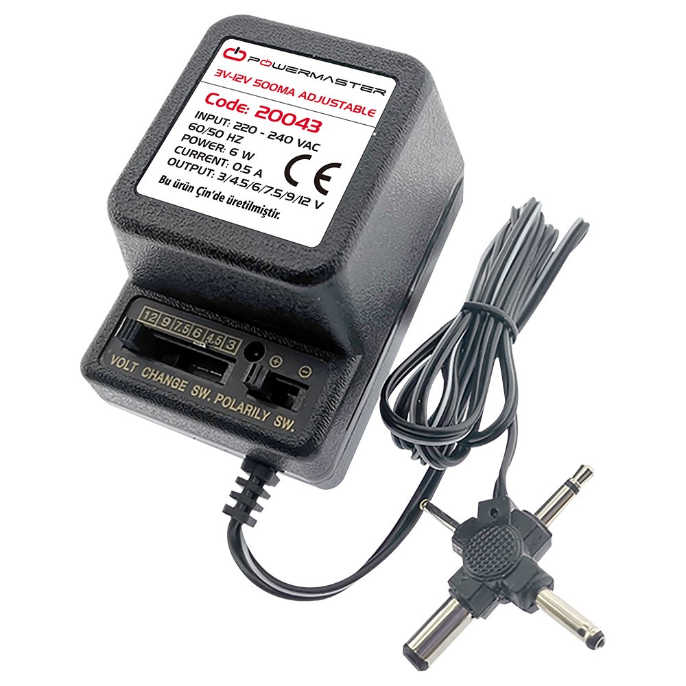 POWERMASTER PM-20043 AYARLI ADAPTÖR 3-12 VOLT 500 MA KADEMELİ 4 UÇLU ADAPTÖR 20043