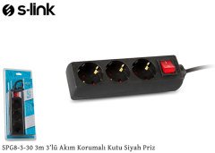 S-Link SPG8-3 Akım Korumalı 3'lü 3 Metre Çocuk Kilitli/ Anahtarlı Siyah Priz