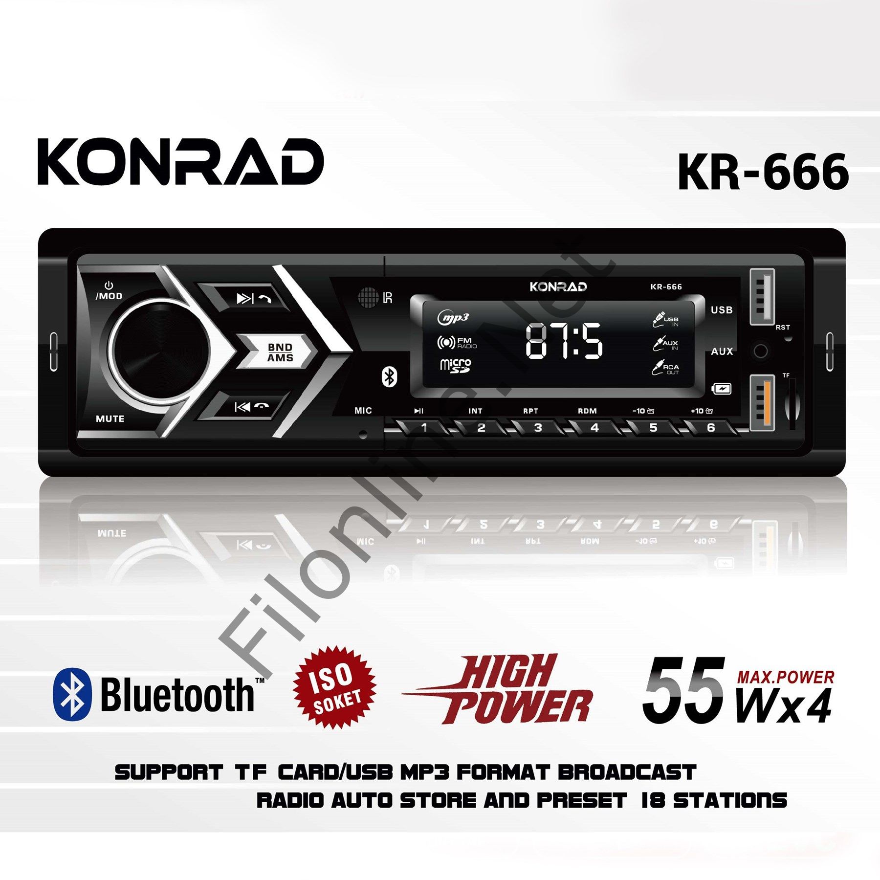 KONRAD KR-666 4X55 WATT ÇİFT USB SD-MMC-FM BLUETOOTH OTO TEYP