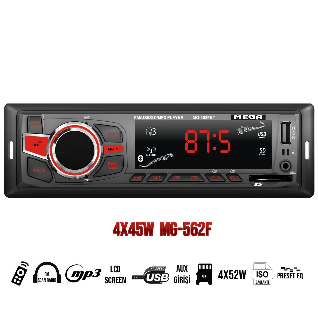 MEGA MG-562FBT OTO TEYP 4X45W AUX/USB/SD/UK/FM/MP3 BLUETOOTH'LU LCD EKRAN OTO TEYP