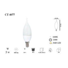 Cata Ct-4077 Buji Led Ampul 5W 220V 3200K Mum Buji Kıvrık Ampul E14 Duylu Beyaz Işık Smd Led Ampul