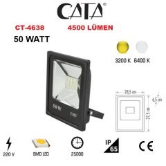 CATA CT-4638 LED PROJEKTÖR 50W 6400 KELVİN 4500 LM BEYAZ IŞIK IP65 ALÜMİNYUM KASA SMD LED PROJEKTÖR