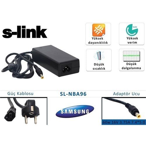 S-Link Sl-Nba96 Samsung Notebook Standart Adaptör 60W 16V 3.75A 7.4*5.0