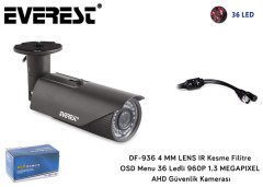 EVEREST DF-936 GÜVENLİK KAMERASI AHD 960P-1.3MP 4MM LENS OSD MENU 36 LEDLİ GÜVENLİK KAMERASI