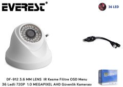 EVEREST DF-912 GÜVENLİK KAMERASI AHD 720P-1.0 MP 3.6MM LENS OSD MENU 36 LEDLİ DOME GÜVENLİK KAMERASI