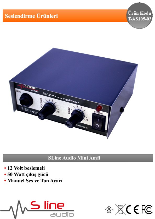 PAZARCI ANFİSİ 12V 50W MANUEL SES VE TON AYARI PAZARCI ANONS ANFİSİ S-LINE AUDIO T-AS105-03