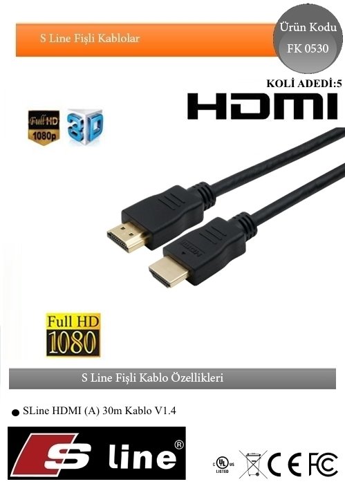 S-LINE FK0530 HDMI KABLO 30 METRE AMFİ BESLEMELİ TÜM BÖLÜCÜ VE SWITCHLERE UYUMLU HDMI KABLO