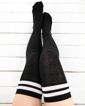 Siyah Saç Örgü Diz Üstü Çizgi Detaylı Çorap