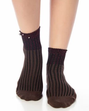 İnci Aksesuarlı Kahverengi Simli Soket Çorap