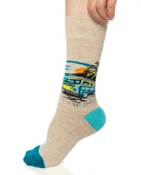 Burun Dikişsiz Araba ve Manzara Desenli Kadın Çorap