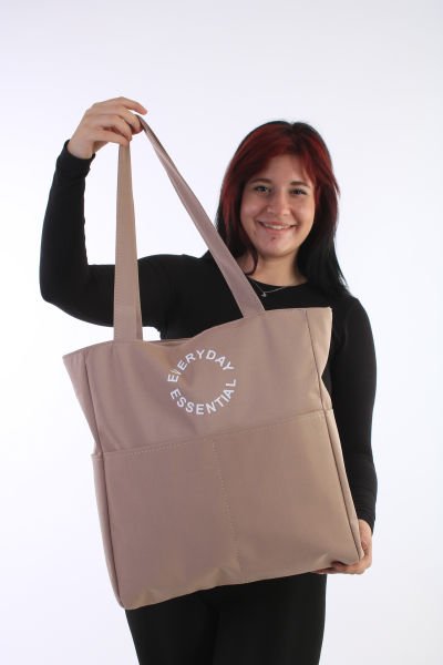 Soobepark 7 Bölmeli Fermuar Kapamalı Bondit Kumaş Shopper Omuz Çantası Vizon