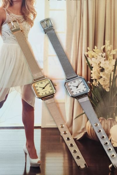 Soobepark Retro Minimal Kare Hasır Kordon Vintage Kadın Kol Saati Gümüş Renk