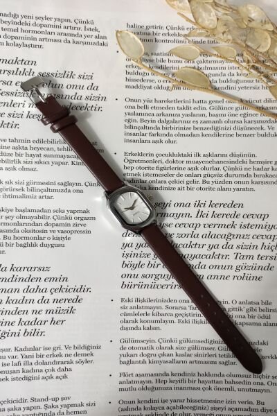 Soobepark Retro Minimal Deri Acı Kahve Kordon Vintage Kadın Kol Saati Gümüş Renk
