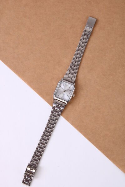 Soobepark Retro Minimal Kare Çelik Kordon Vintage Kadın Kol Saati Gümüş Renk--