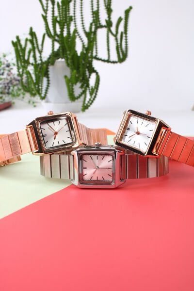 Soobepark Retro Minimal Kare Gümüş Çerçeve Çelik Kordon Vintage Kadın Kol Saati Rose Gold Renk