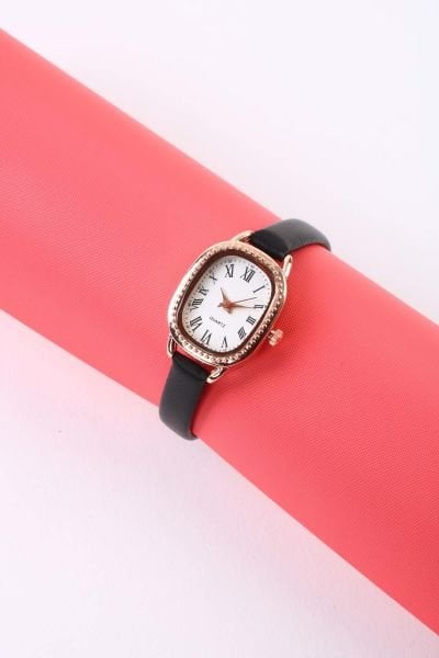 Soobepark Retro Roma Rakamlı İşlemeli Minimal Deri Siyah Kordon Vintage Kadın Kol Saati Rose Gold Renk