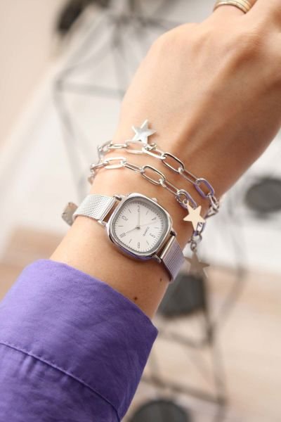 Soobepark Retro Minimal Kare Hasır Kordon Vintage Kadın Kol Saati Gümüş Renk