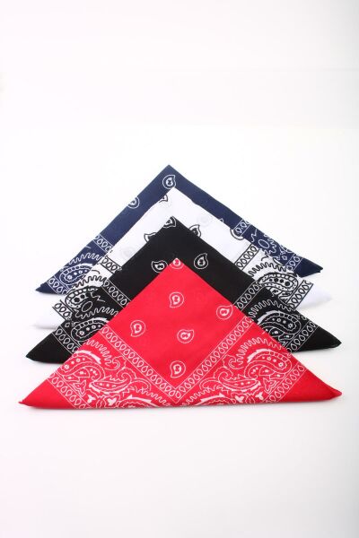 Unisex 4 Adet Etnik Desenli Bandana Seti (Siyah-kırmızı-lacivert-beyaz)