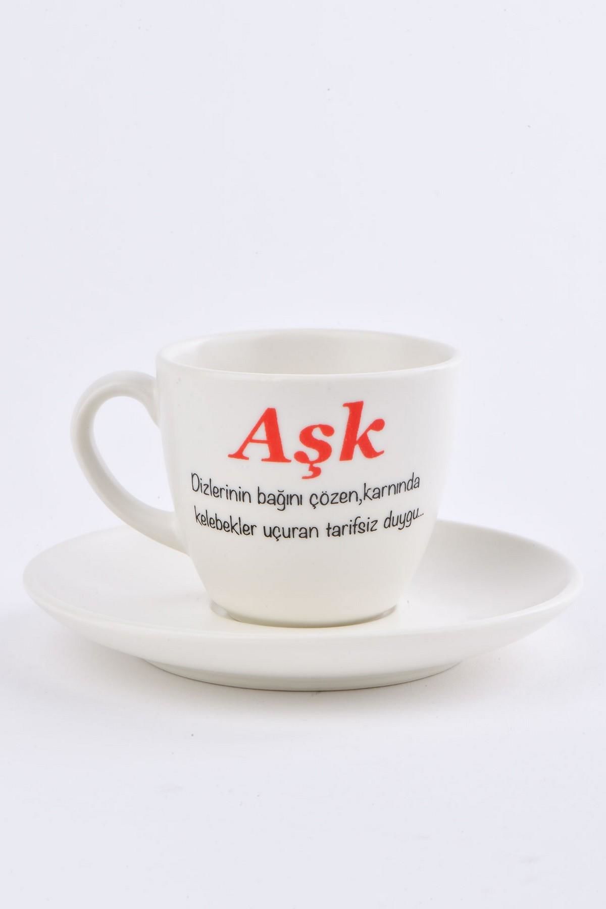 Soobepark 'Aşk' Yazılı Hediyelik Türk Kahve Fincan Takımı Krem