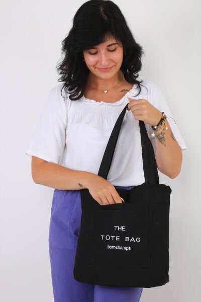 Soobepark 3 Bölmeli Tote Bag İşlemeli Kanvas Kumaş Kadın El ve Omuz Çantası Siyah