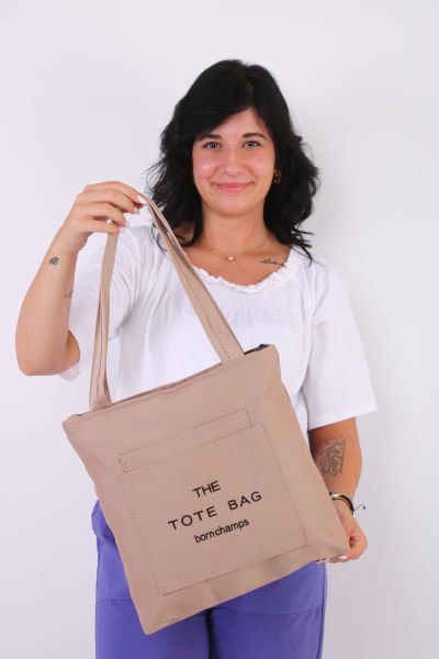 Soobepark 3 Bölmeli Tote Bag İşlemeli Kanvas Kumaş Kadın El ve Omuz Çantası Vizon