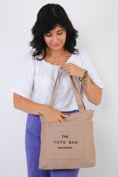 Soobepark 3 Bölmeli Tote Bag İşlemeli Kanvas Kumaş Kadın El ve Omuz Çantası Vizon