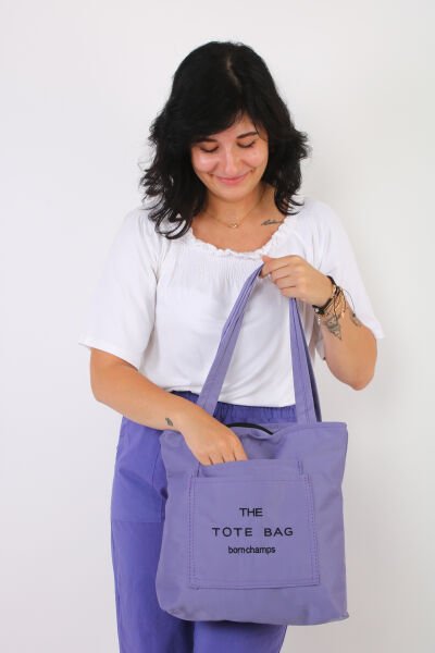 Soobepark 3 Bölmeli Tote Bag İşlemeli Kanvas Kumaş Kadın El ve Omuz Çantası Lila