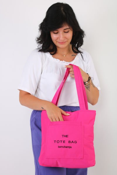 Soobepark 3 Bölmeli Tote Bag İşlemeli Kanvas Kumaş Kadın El ve Omuz Çantası Fuşya