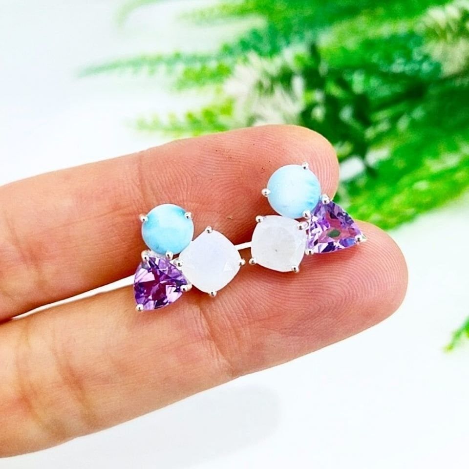 Larimar, Ay Taşı ve Ametrin Özel Tasarım Küpe