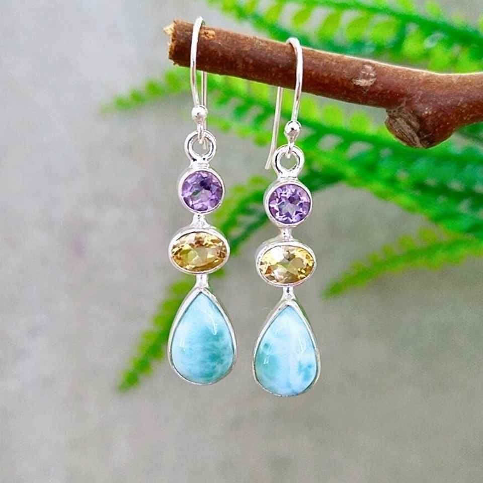 Larimar Topaz ve Ametist Taşı Doğal Taş Gümüş Küpe