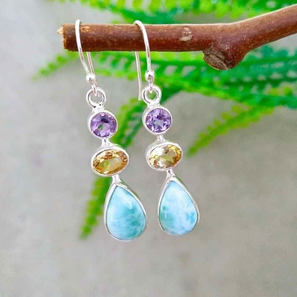 Larimar Topaz ve Ametist Taşı Doğal Taş Gümüş Küpe