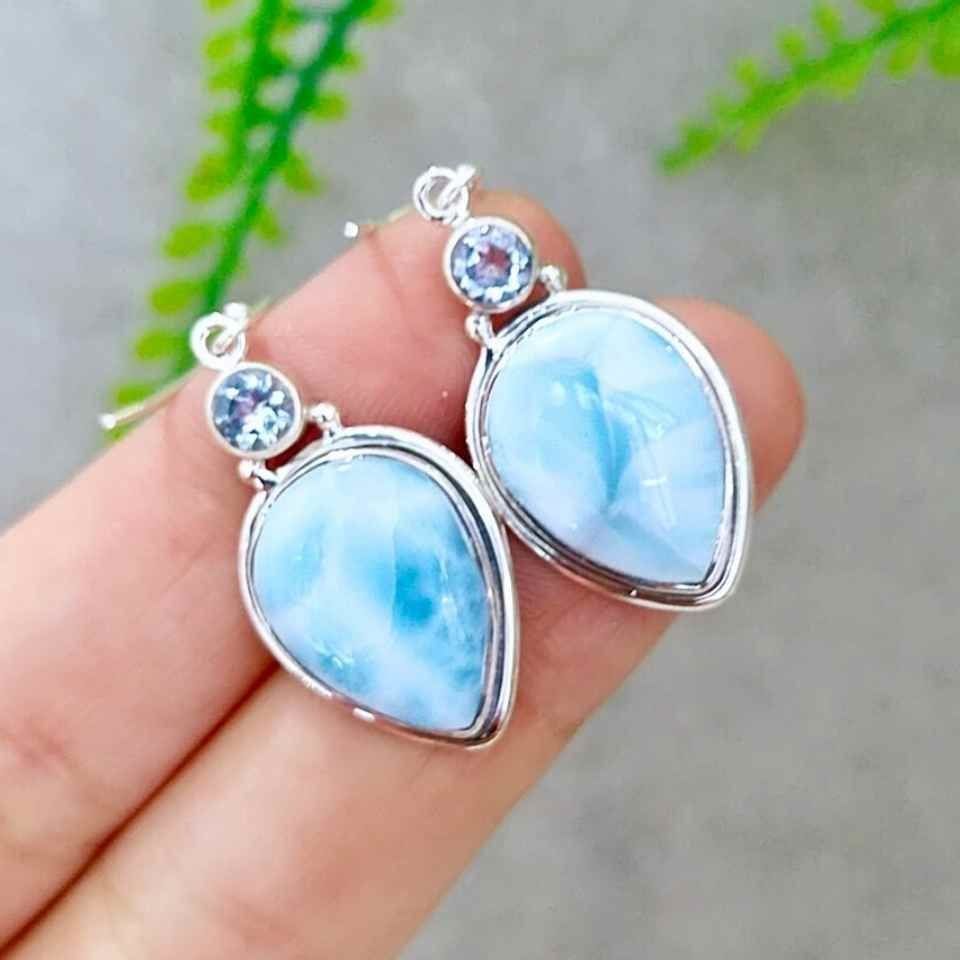 Larimar ve Topaz Doğal Taş Gümüş Küpe 00679