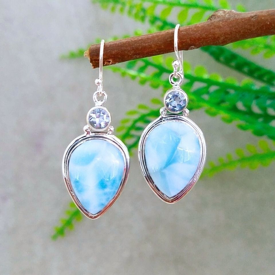 Larimar ve Topaz Doğal Taş Gümüş Küpe 00679