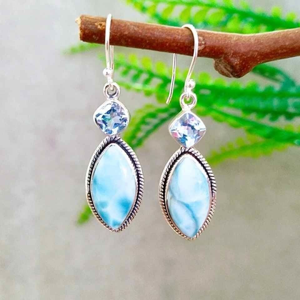 Larimar ve Topaz Doğal Taş Gümüş Küpe 00680