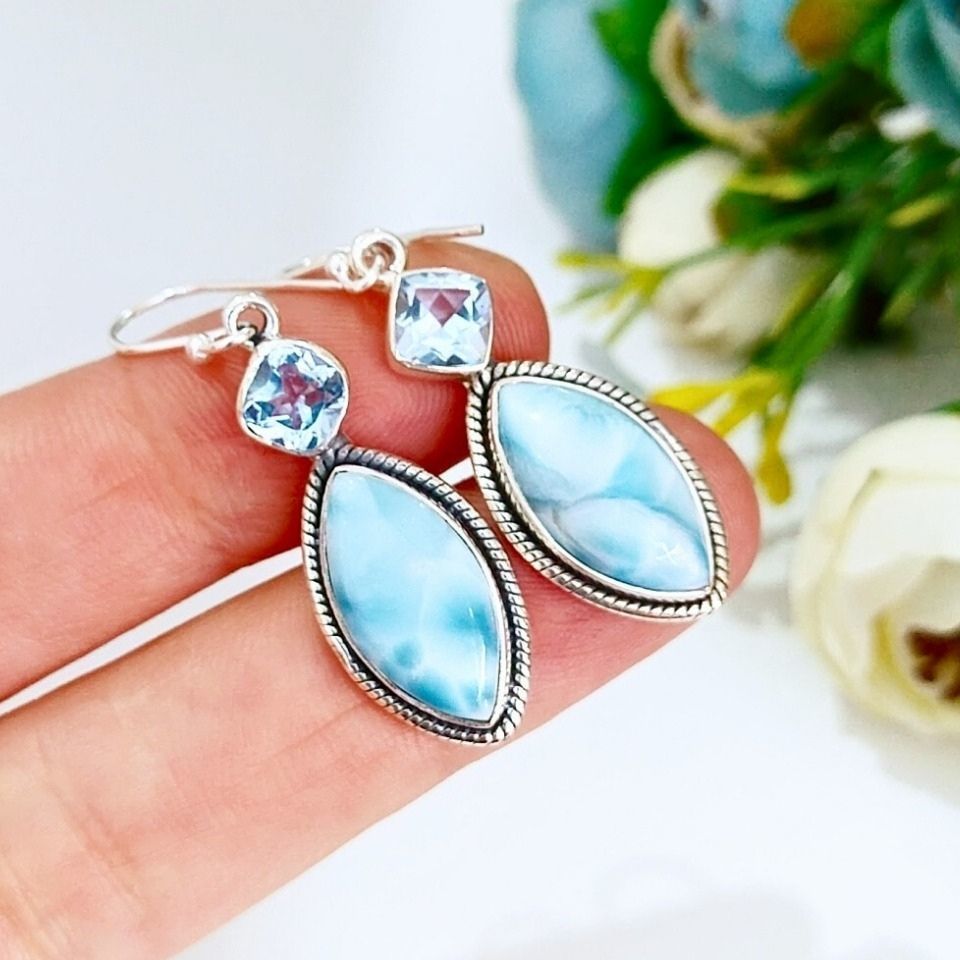 Larimar ve Topaz Doğal Taş Gümüş Küpe 00680