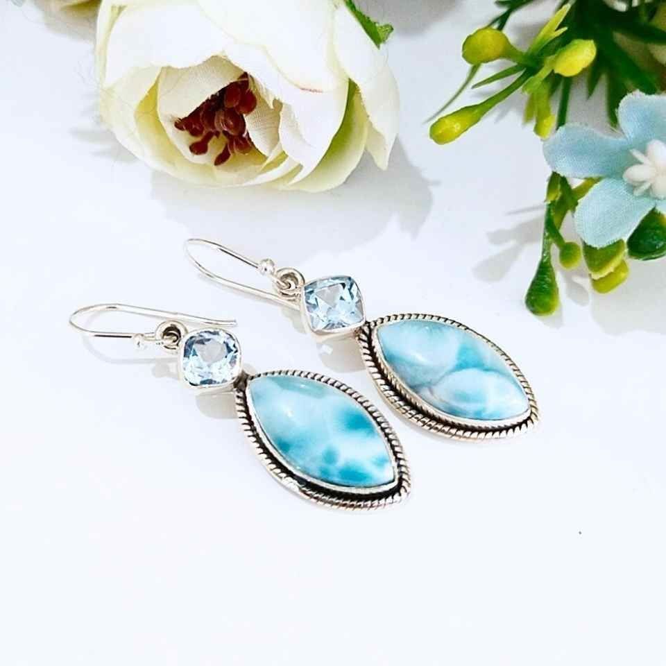 Larimar ve Topaz Doğal Taş Gümüş Küpe 00680