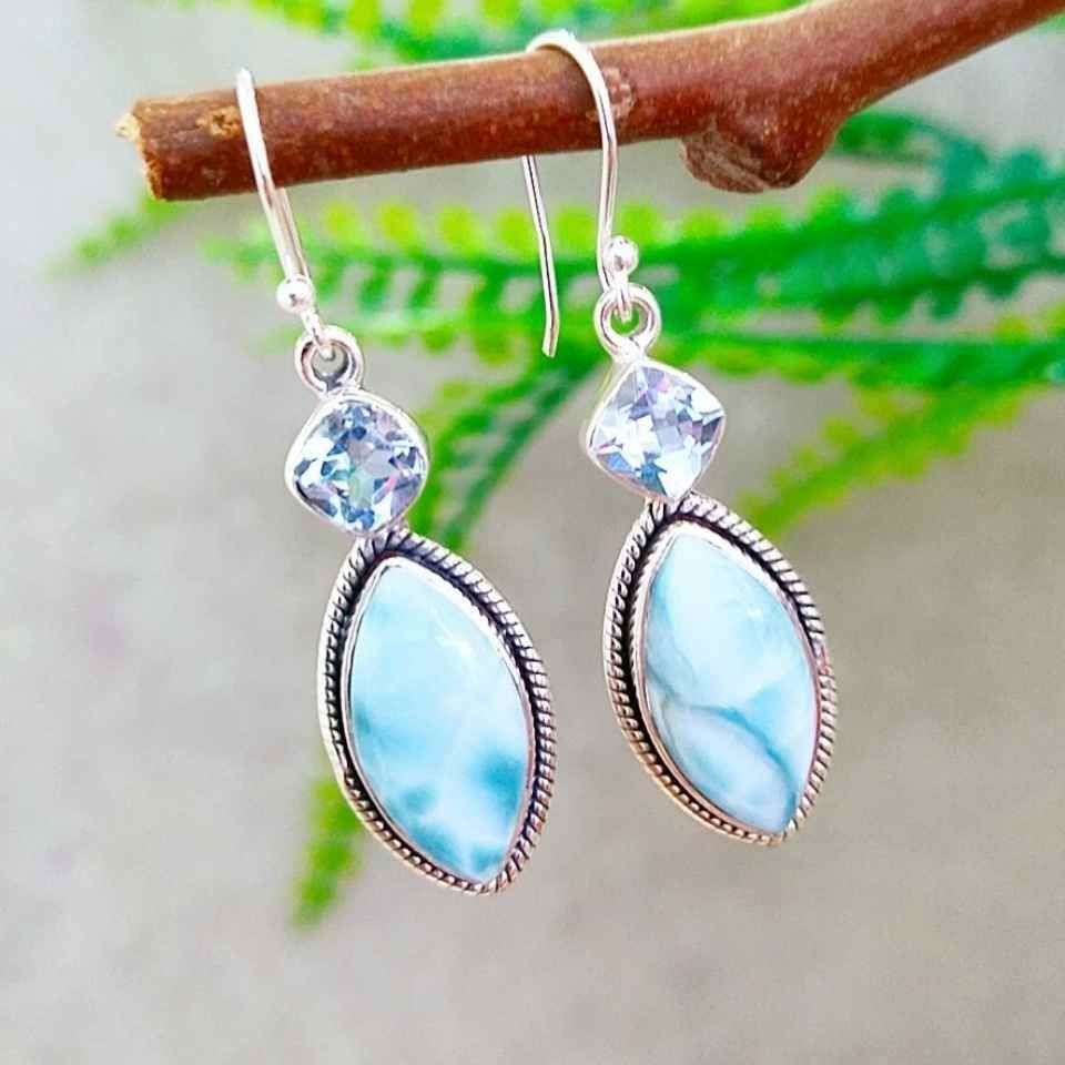 Larimar ve Topaz Doğal Taş Gümüş Küpe 00680