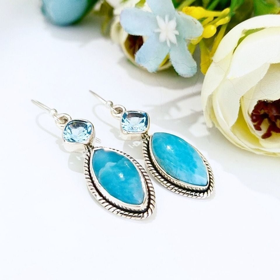 Larimar ve Topaz Doğal Taş Gümüş Küpe 00681