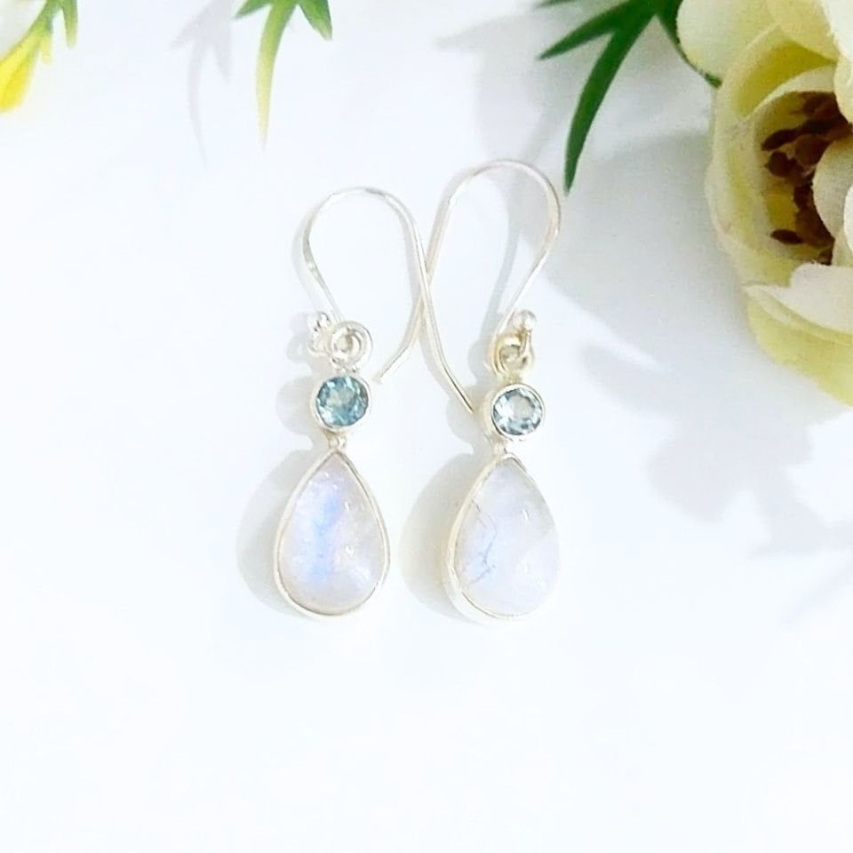Ay Taşı ve Blue Topaz Özel Tasarım Küpe