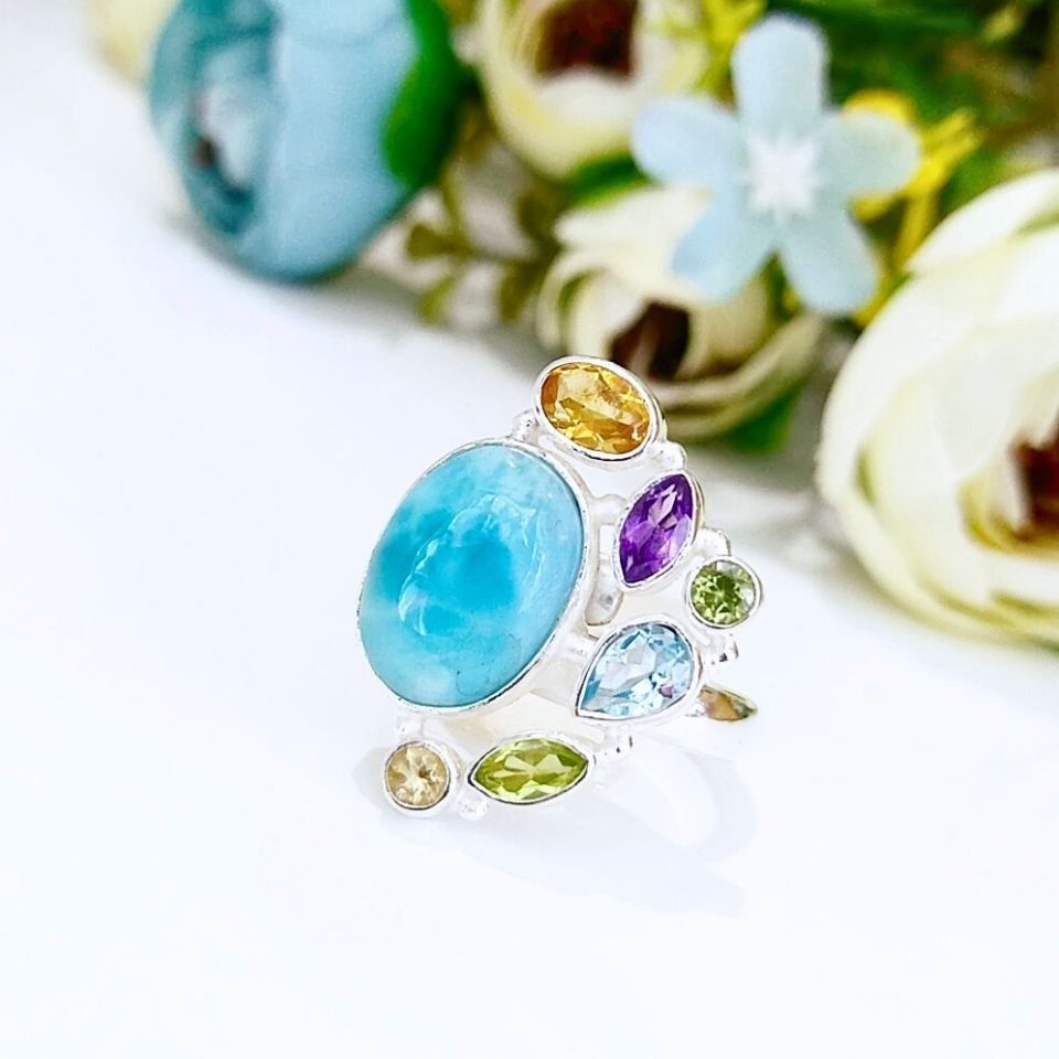 Larimar ve Topaz Taşı Doğal Taş Gümüş Yüzük 00777