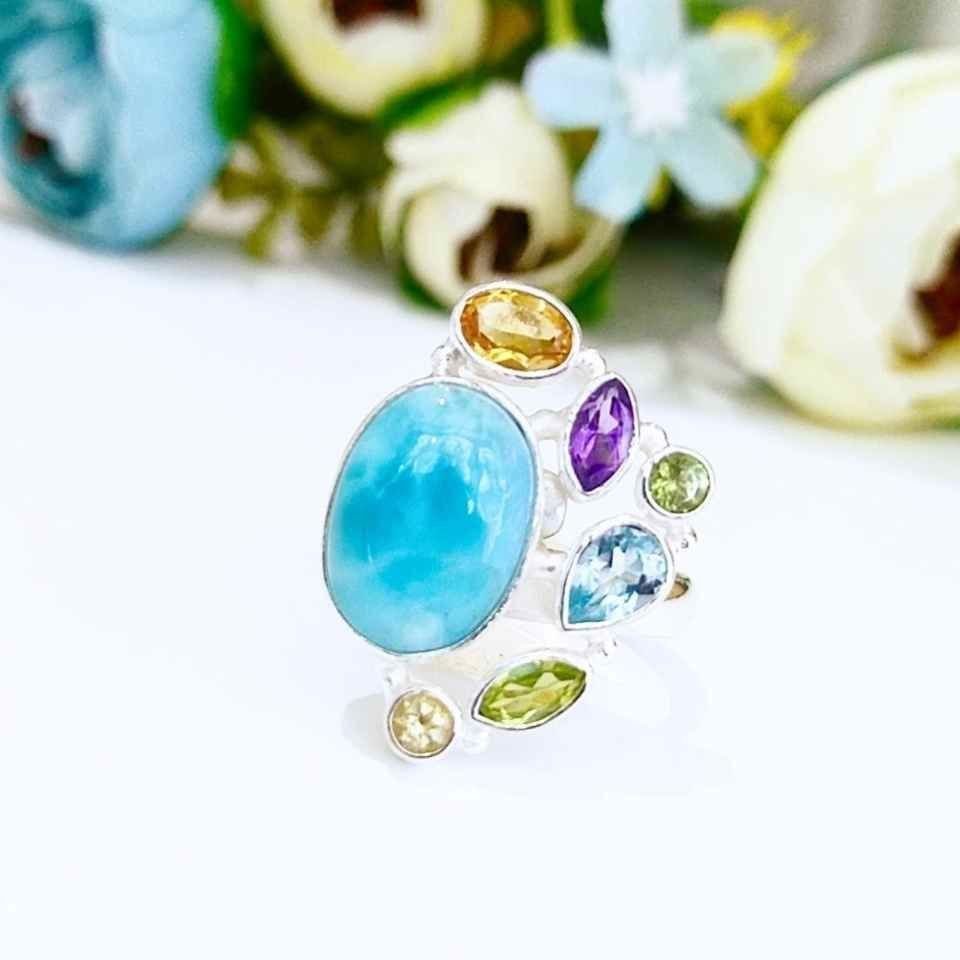 Larimar ve Topaz Taşı Doğal Taş Gümüş Yüzük 00777