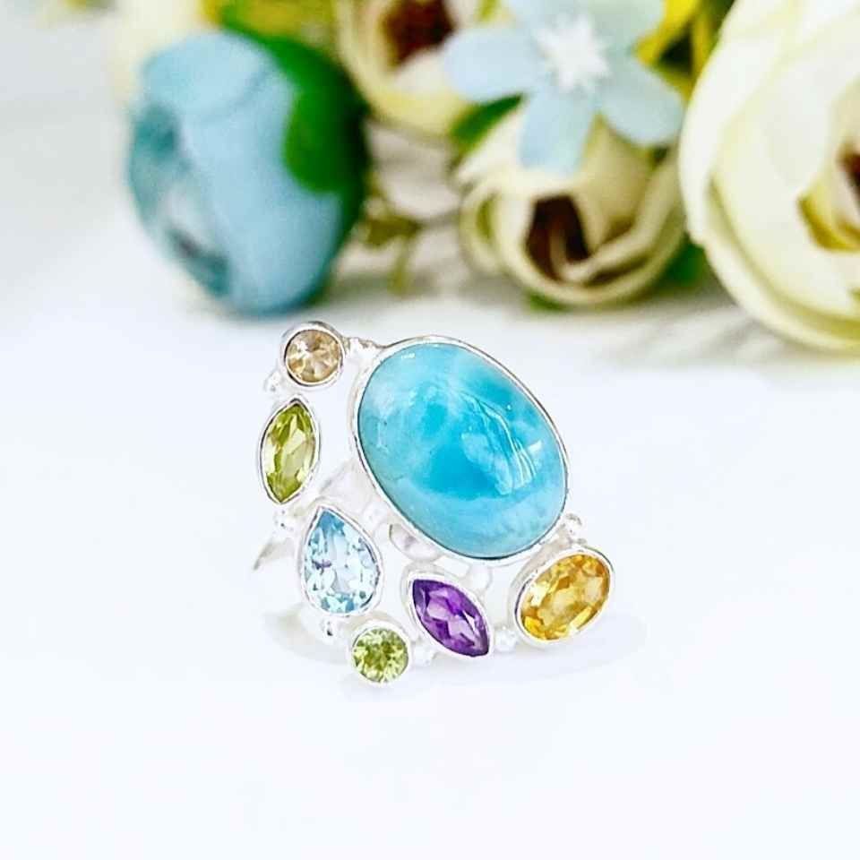 Larimar ve Topaz Taşı Doğal Taş Gümüş Yüzük 00777