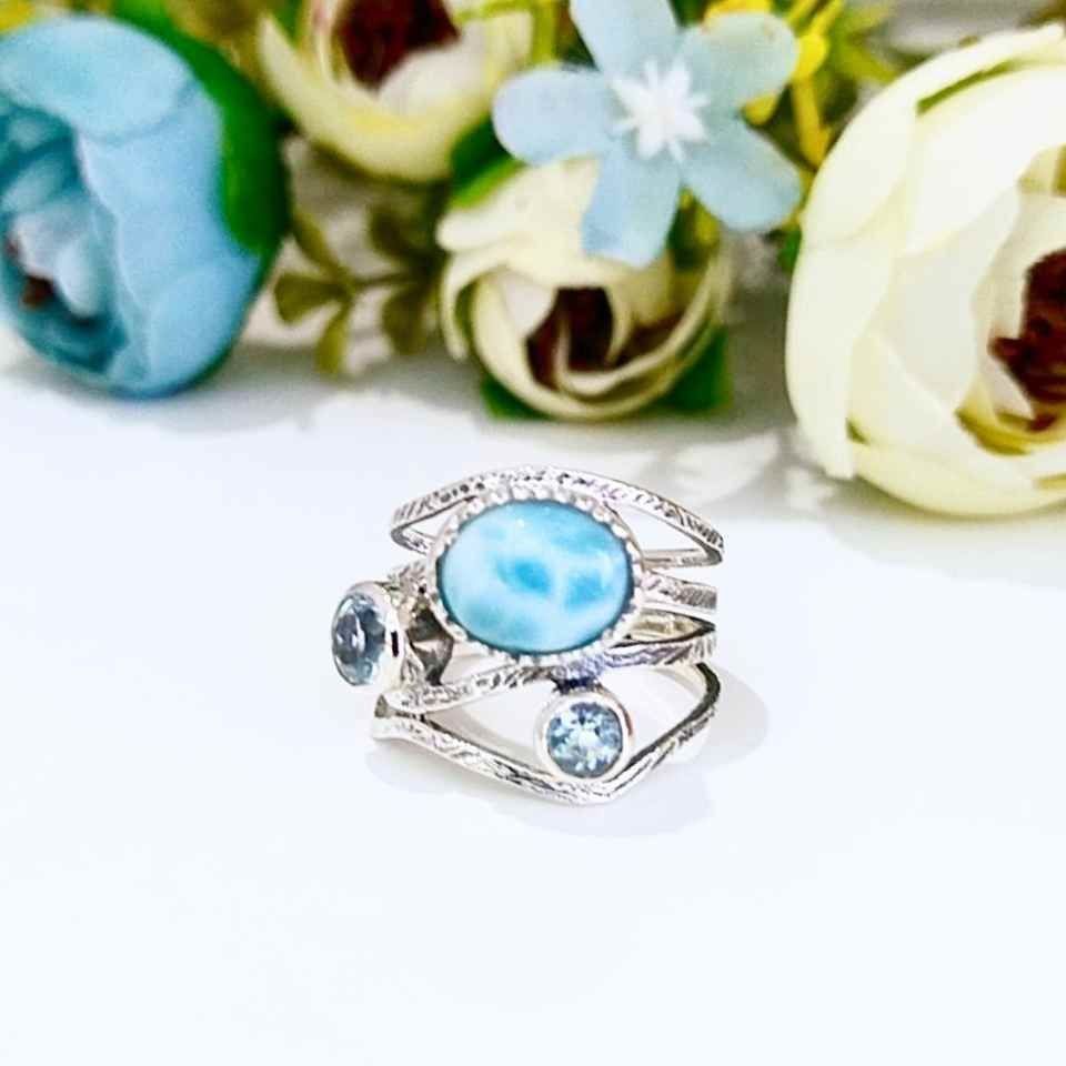 Larimar ve Topaz Taşı Doğal Taş Gümüş Yüzük 00778