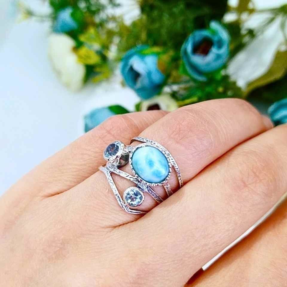 Larimar ve Topaz Taşı Doğal Taş Gümüş Yüzük 00778