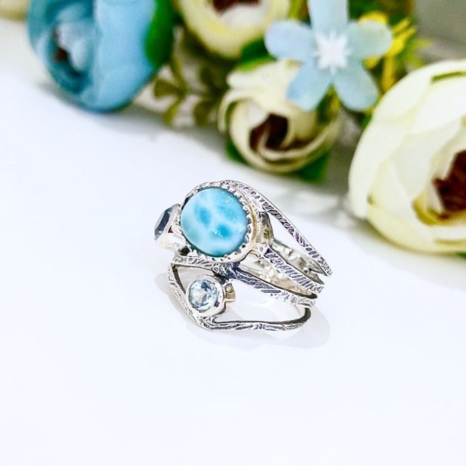 Larimar ve Topaz Taşı Doğal Taş Gümüş Yüzük 00778