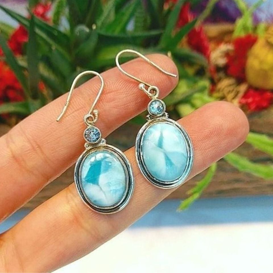 Larimar Blue Topaz Özel Tasarım Küpe