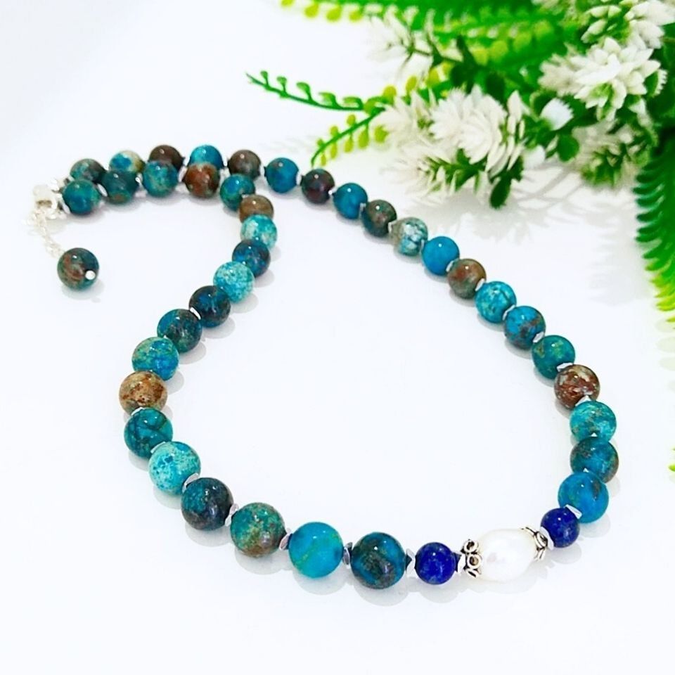 Shattuckite İnci ve Lapis Doğal Taş Kolye 8 mm