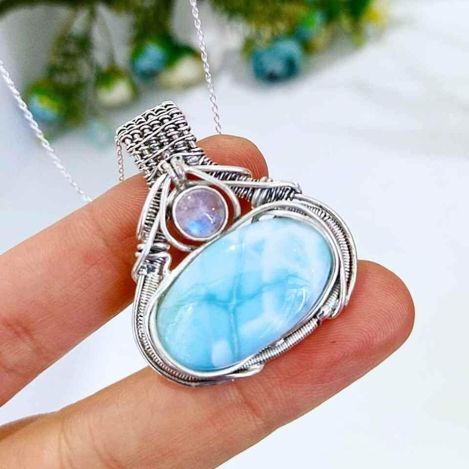 Larimar ve Ay Taşı Doğal Taş Gümüş Kolye 00994