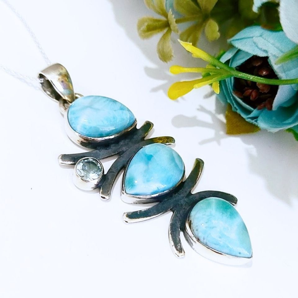 Larimar ve Topaz Taşı Doğal Taş Gümüş Kolye 00995