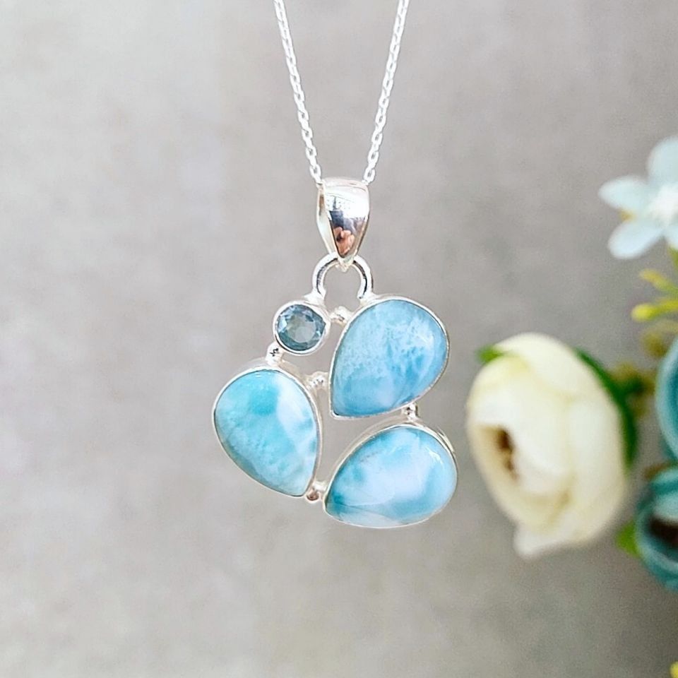 Larimar ve Topaz Taşı Doğal Taş Gümüş Kolye 00996